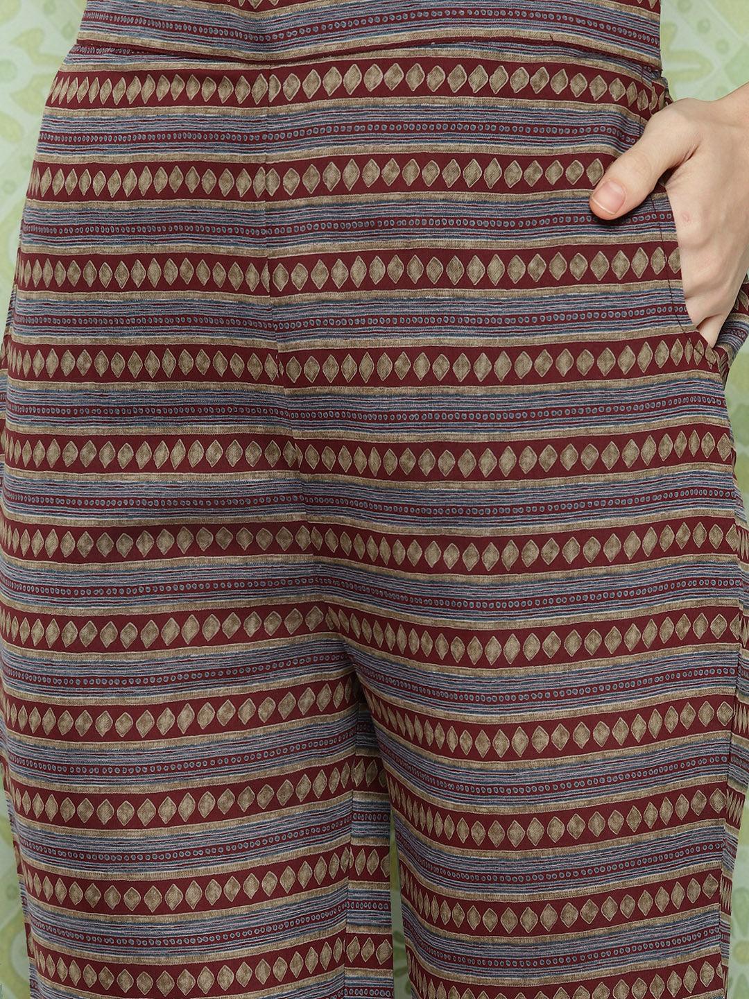 Maroon Printed Silk Blend Straight Kurta With Trousers & Dupatta - ShopLibas 