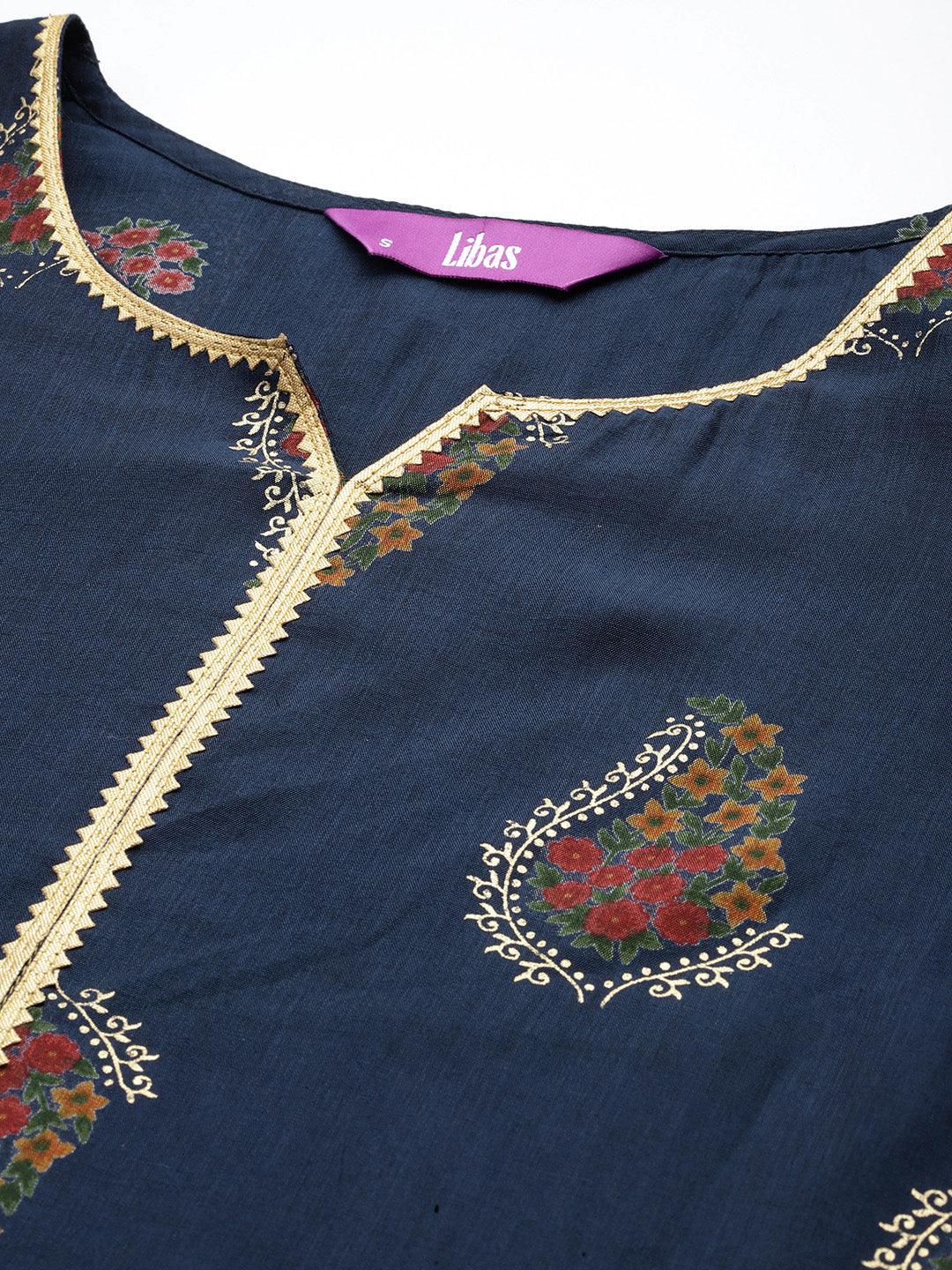 Blue Printed Silk Blend Straight Kurta With Palazzos & Dupatta - ShopLibas