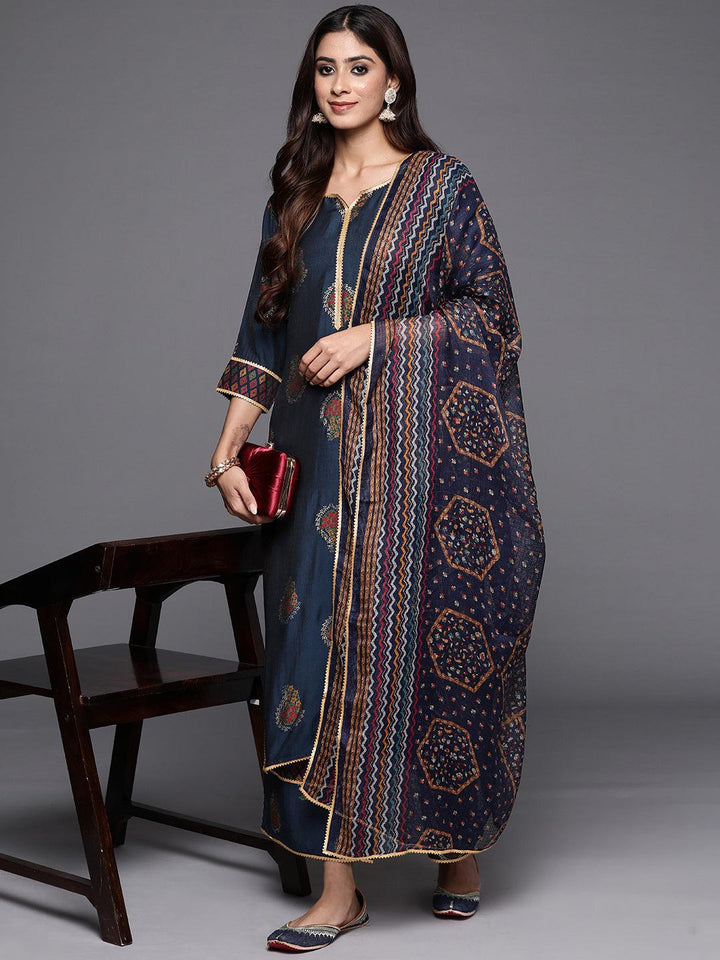 Blue Printed Silk Blend Straight Kurta With Palazzos & Dupatta - ShopLibas