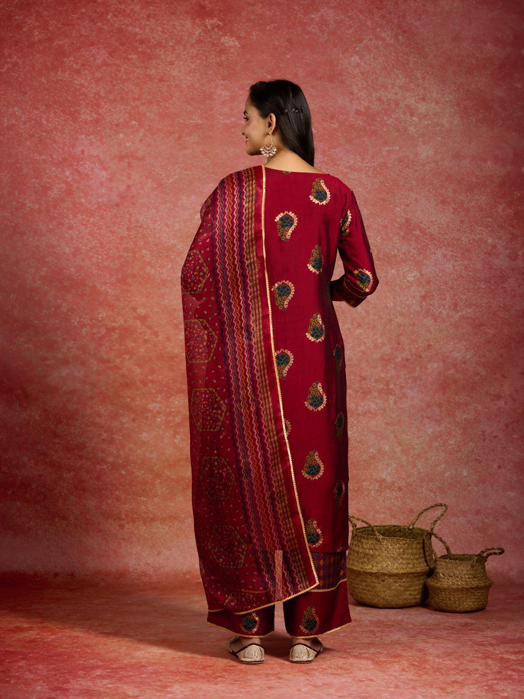 Red Printed Silk Blend Straight Kurta With Palazzos & Dupatta - ShopLibas