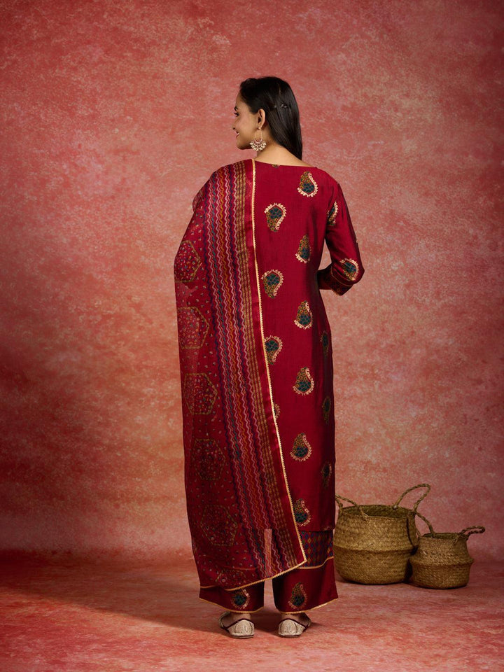 Red Printed Silk Blend Straight Kurta With Palazzos & Dupatta - ShopLibas