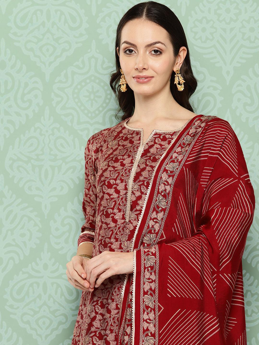 Red Printed Silk Blend Straight Kurta With Palazzos & Dupatta - ShopLibas