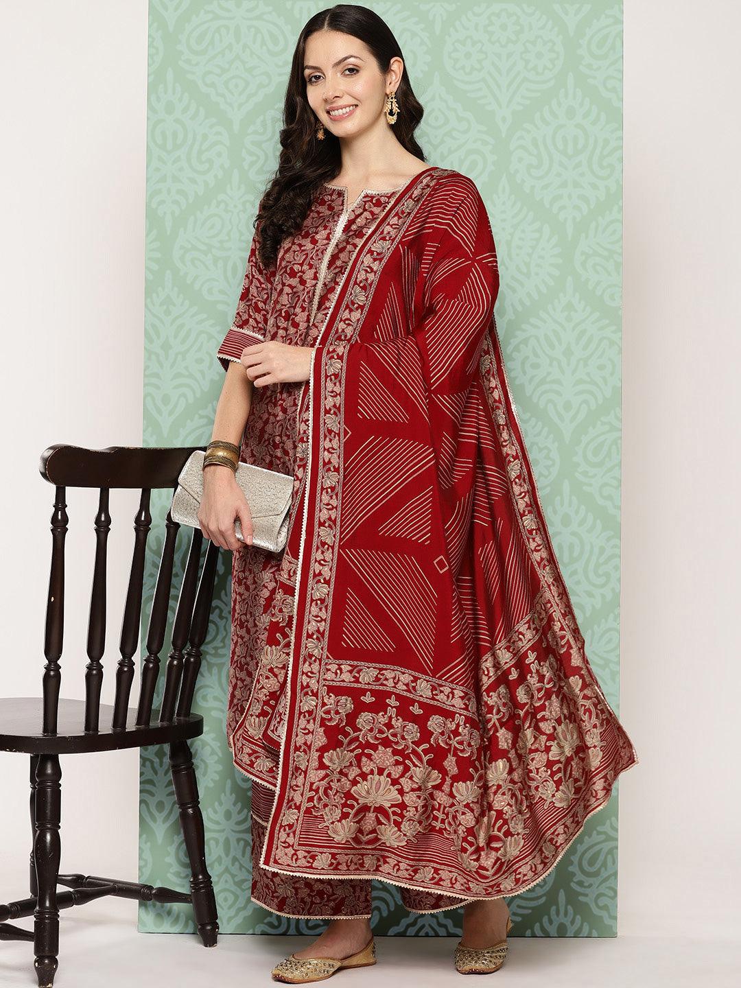 Red Printed Silk Blend Straight Kurta With Palazzos & Dupatta - ShopLibas