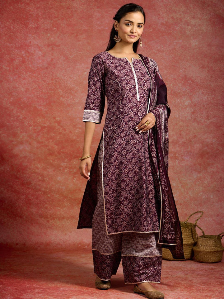 Burgundy Printed Silk Blend Straight Kurta With Palazzos & Dupatta - ShopLibas
