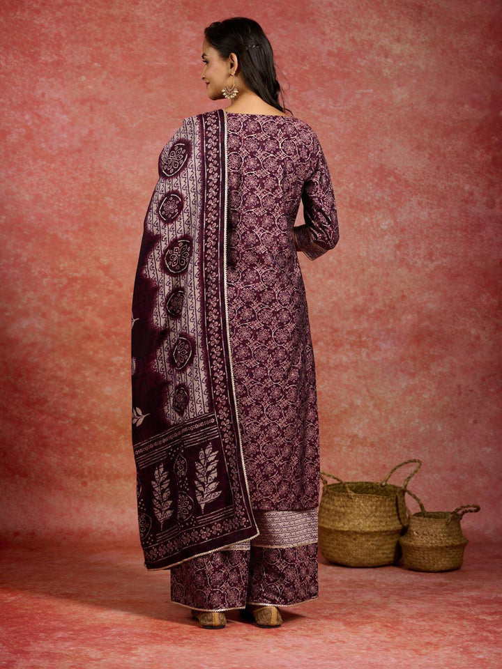 Burgundy Printed Silk Blend Straight Kurta With Palazzos & Dupatta - ShopLibas