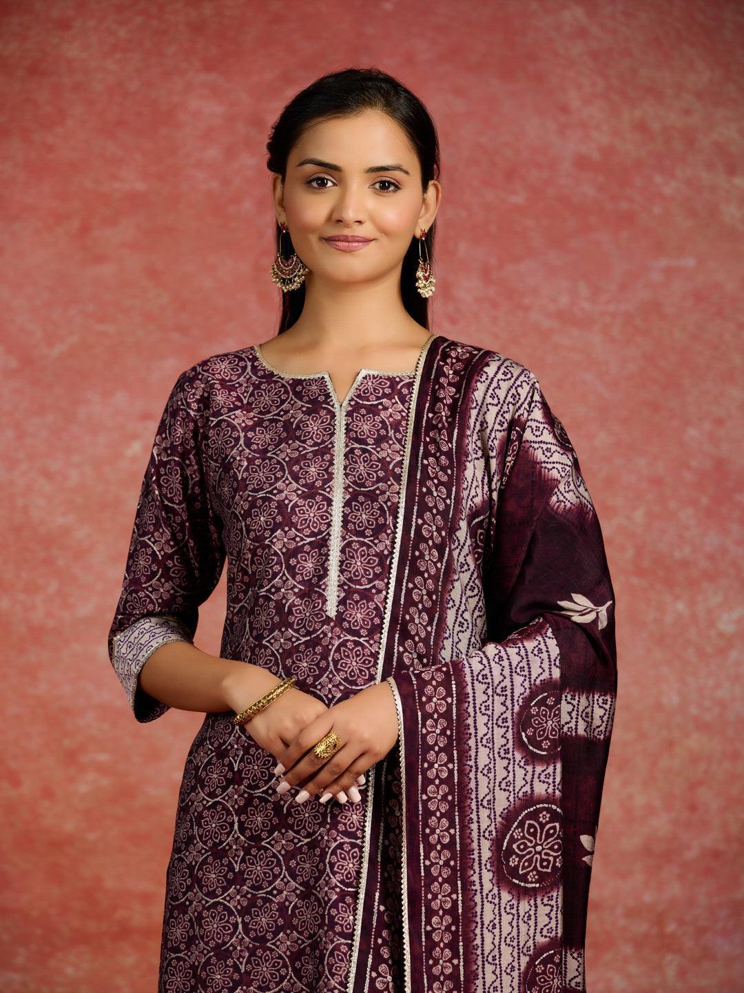 Burgundy Printed Silk Blend Straight Kurta With Palazzos & Dupatta - ShopLibas