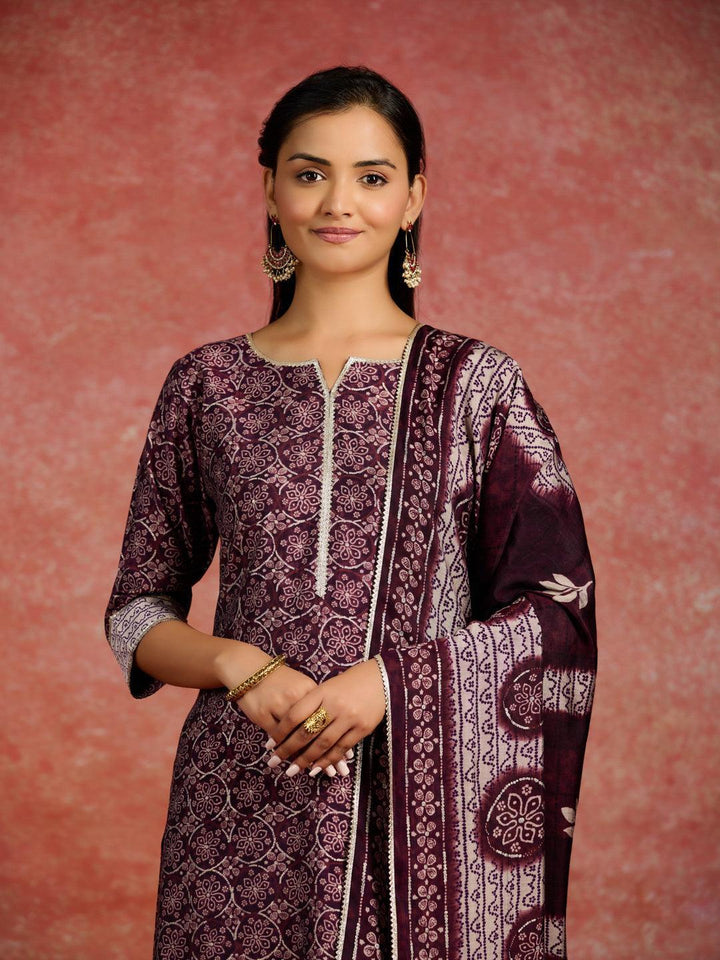 Burgundy Printed Silk Blend Straight Kurta With Palazzos & Dupatta - ShopLibas