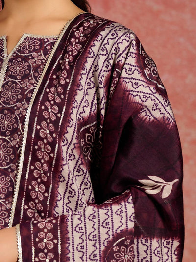 Burgundy Printed Silk Blend Straight Kurta With Palazzos & Dupatta - ShopLibas
