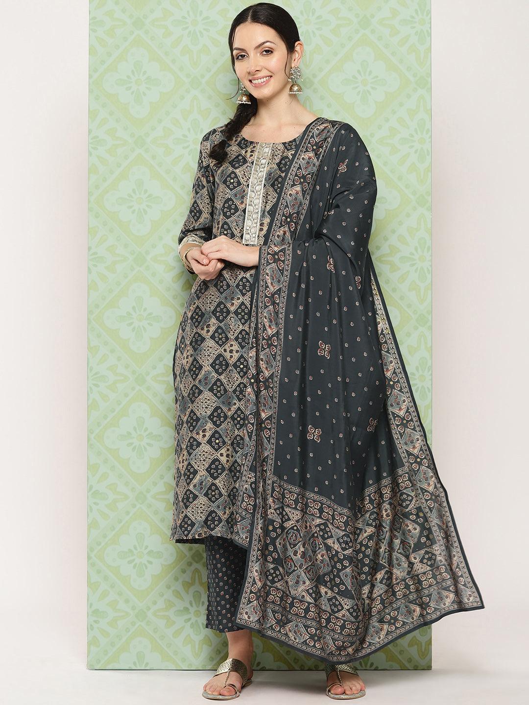 Grey Printed Silk Blend Straight Kurta With Trousers & Dupatta - ShopLibas 