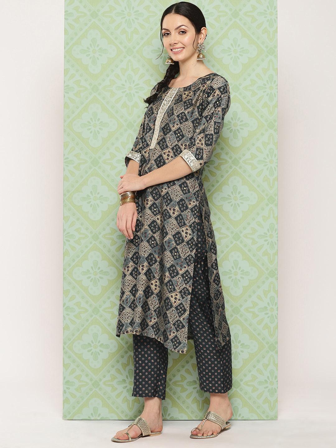 Grey Printed Silk Blend Straight Kurta With Trousers & Dupatta - ShopLibas 
