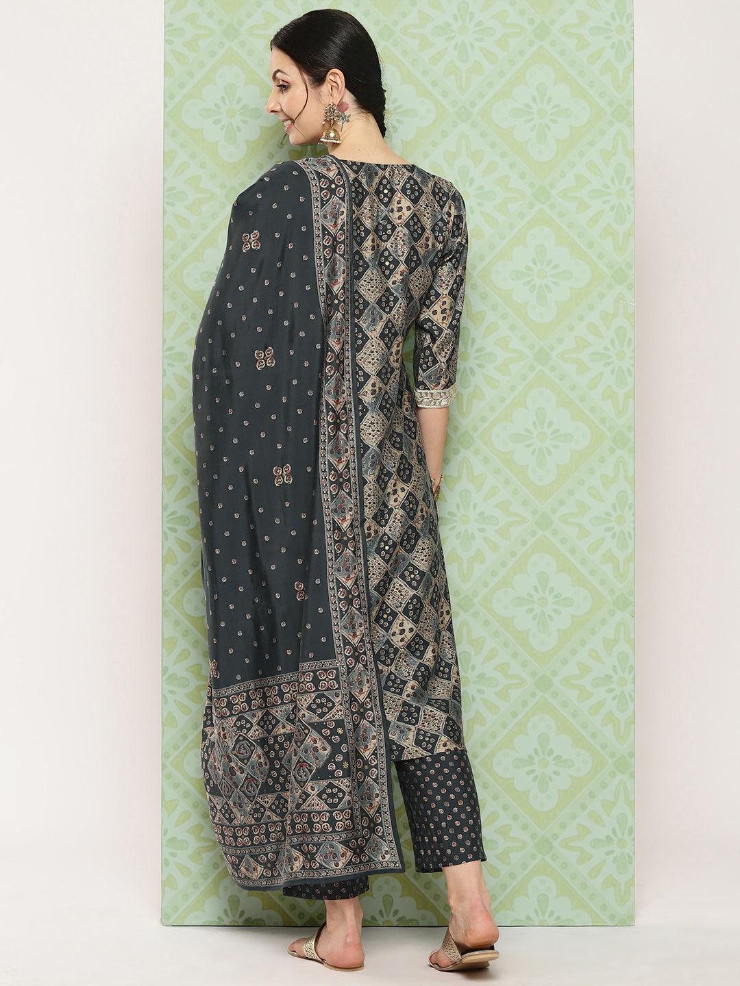 Grey Printed Silk Blend Straight Kurta With Trousers & Dupatta - ShopLibas 