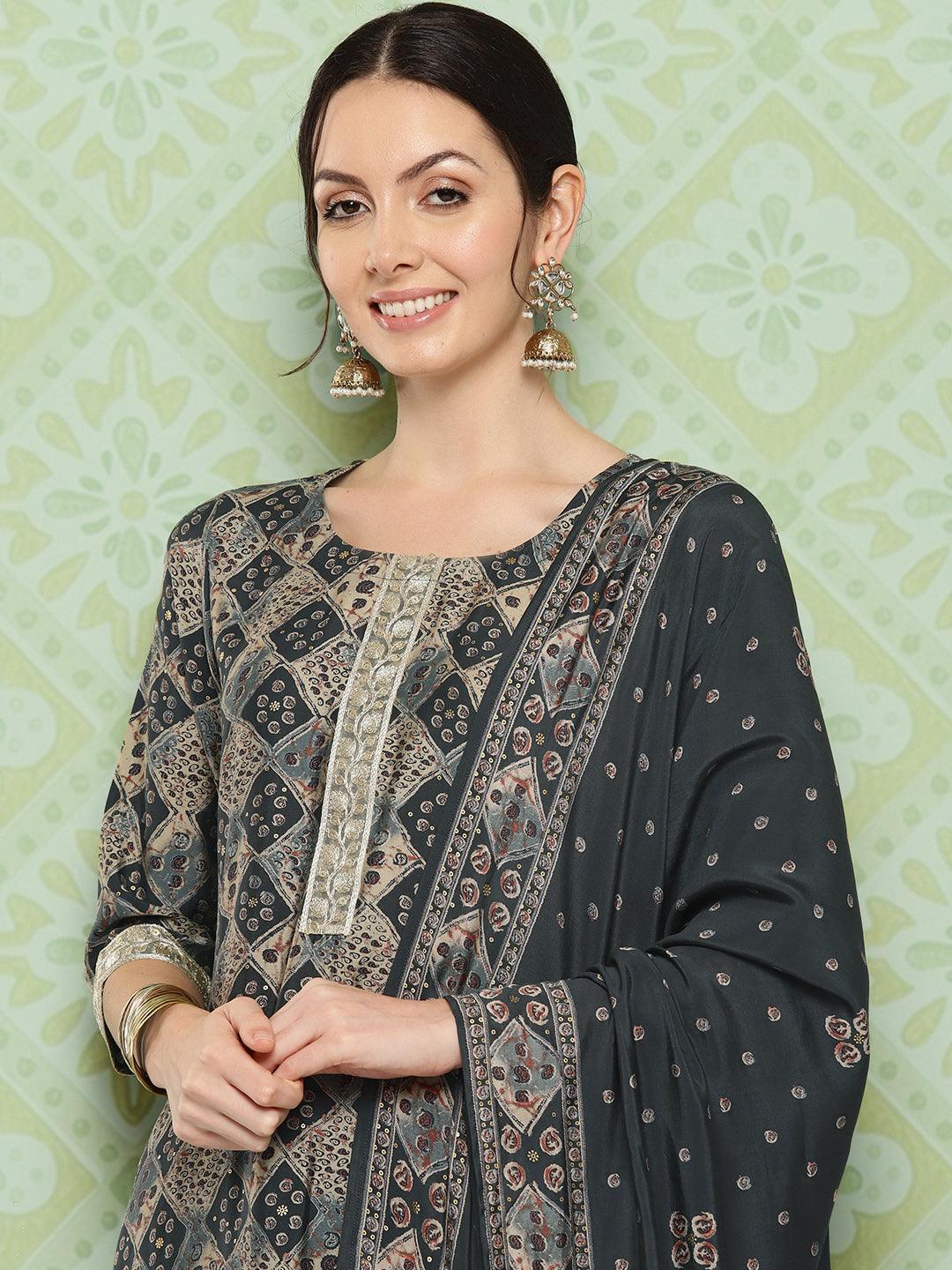 Grey Printed Silk Blend Straight Kurta With Trousers & Dupatta - ShopLibas 