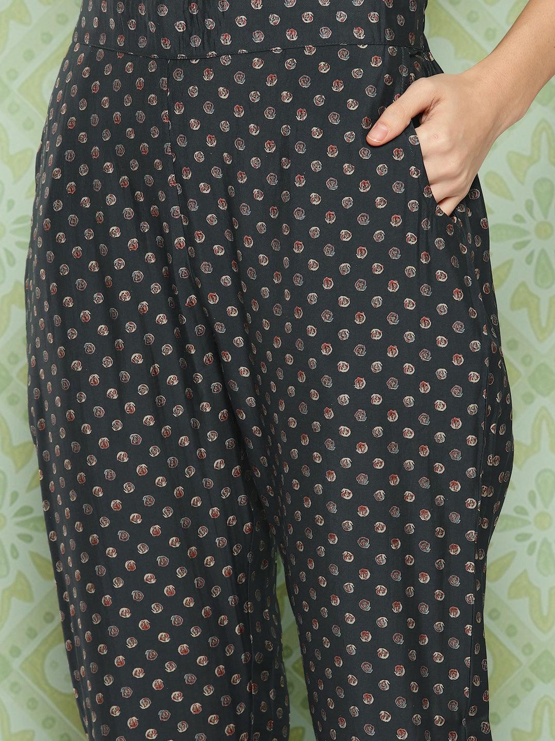 Grey Printed Silk Blend Straight Kurta With Trousers & Dupatta - ShopLibas 