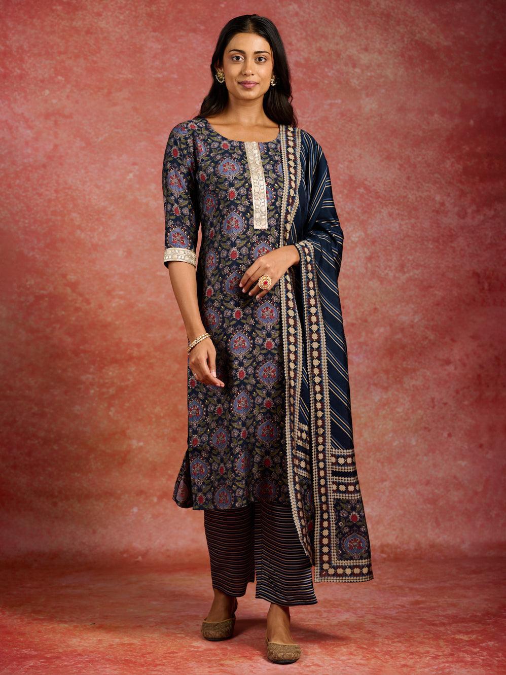 Blue Printed Silk Blend Straight Kurta With Trousers & Dupatta - ShopLibas