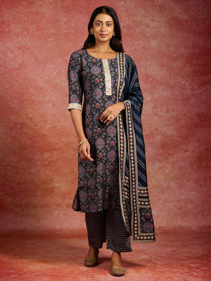 Blue Printed Silk Blend Straight Kurta With Trousers & Dupatta - ShopLibas
