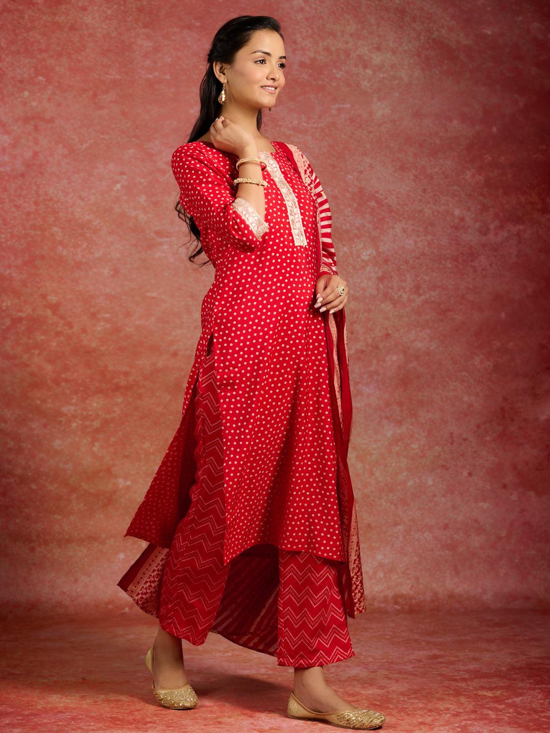 Red Printed Silk Blend Straight Kurta With Trousers & Dupatta - ShopLibas