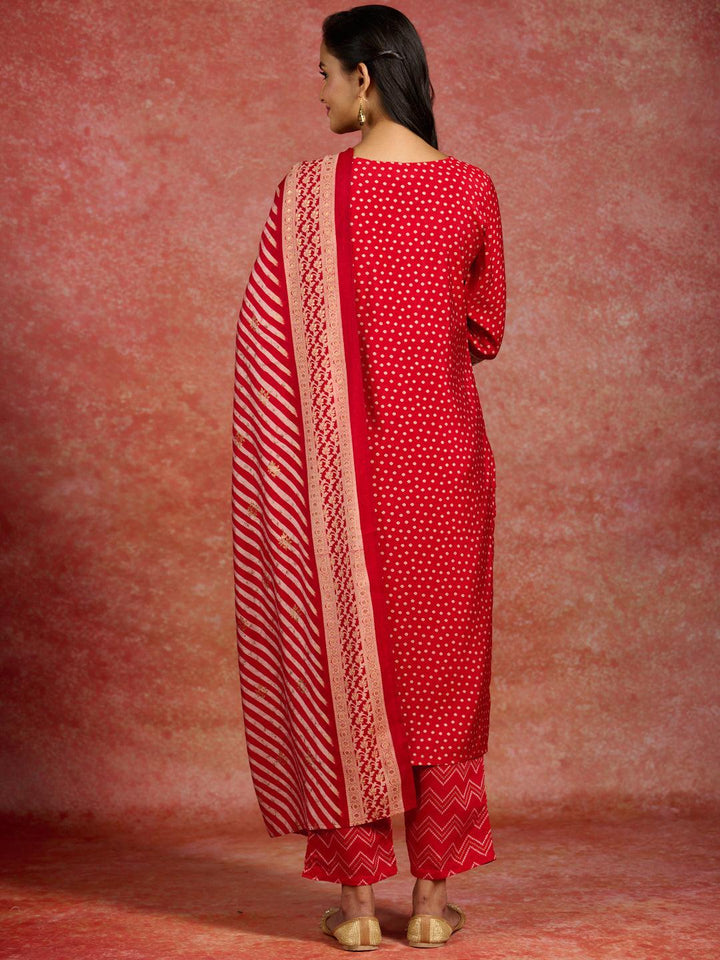 Red Printed Silk Blend Straight Kurta With Trousers & Dupatta - ShopLibas