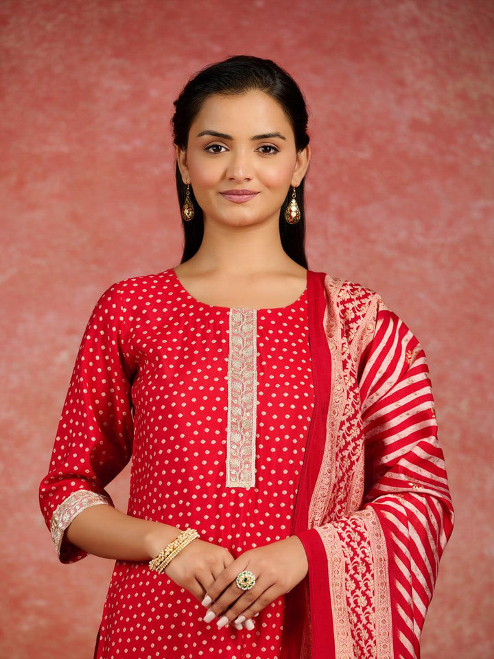 Red Printed Silk Blend Straight Kurta With Trousers & Dupatta - ShopLibas