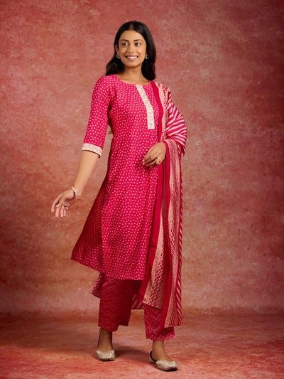 Pink Printed Silk Blend Straight Kurta With Trousers & Dupatta - ShopLibas