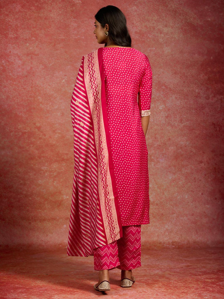 Pink Printed Silk Blend Straight Kurta With Trousers & Dupatta - ShopLibas
