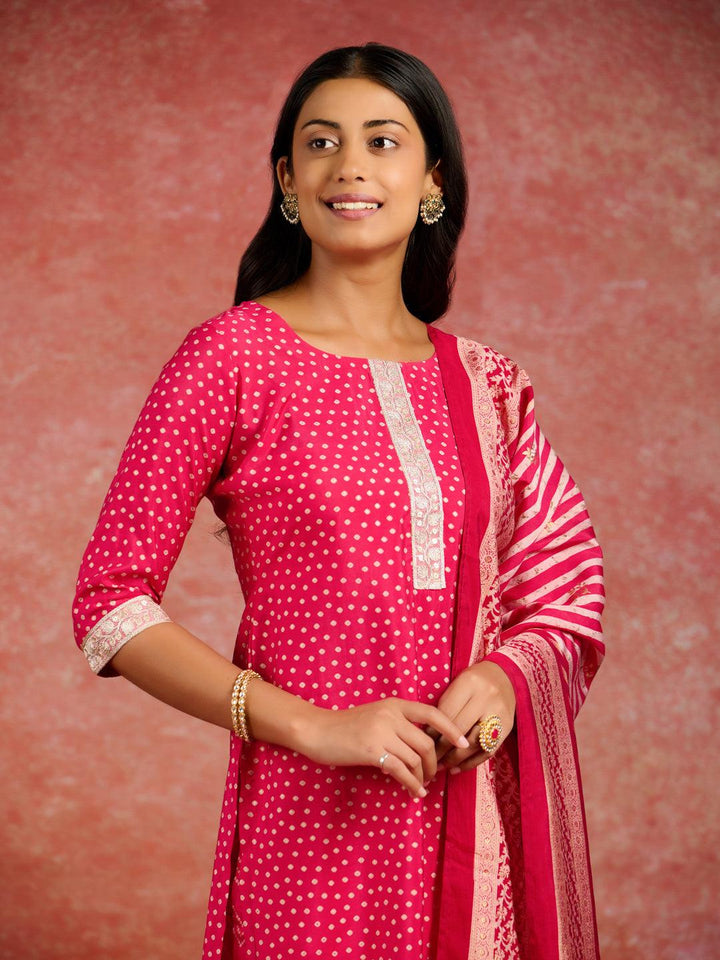 Pink Printed Silk Blend Straight Kurta With Trousers & Dupatta - ShopLibas
