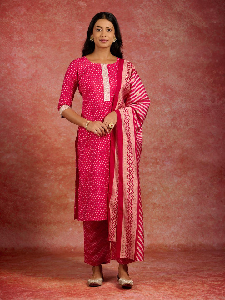 Pink Printed Silk Blend Straight Kurta With Trousers & Dupatta - ShopLibas