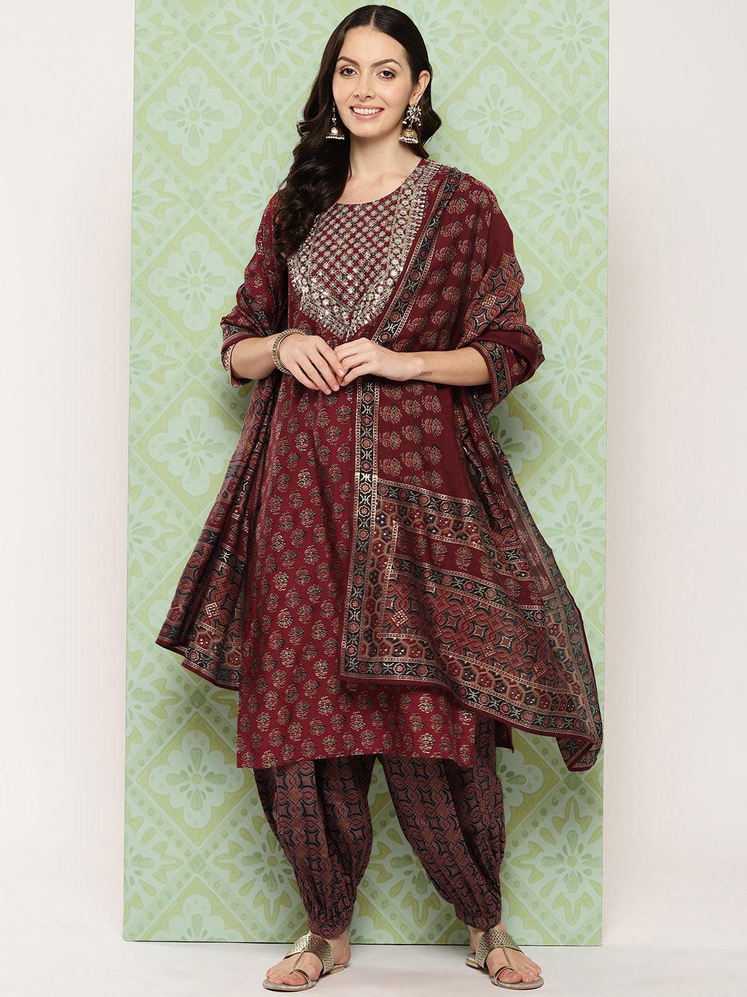 Maroon Printed Silk Blend Straight Kurta With Salwar & Dupatta - ShopLibas