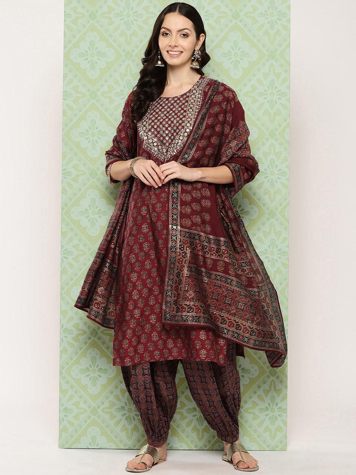 Maroon Printed Silk Blend Straight Kurta With Salwar & Dupatta - ShopLibas