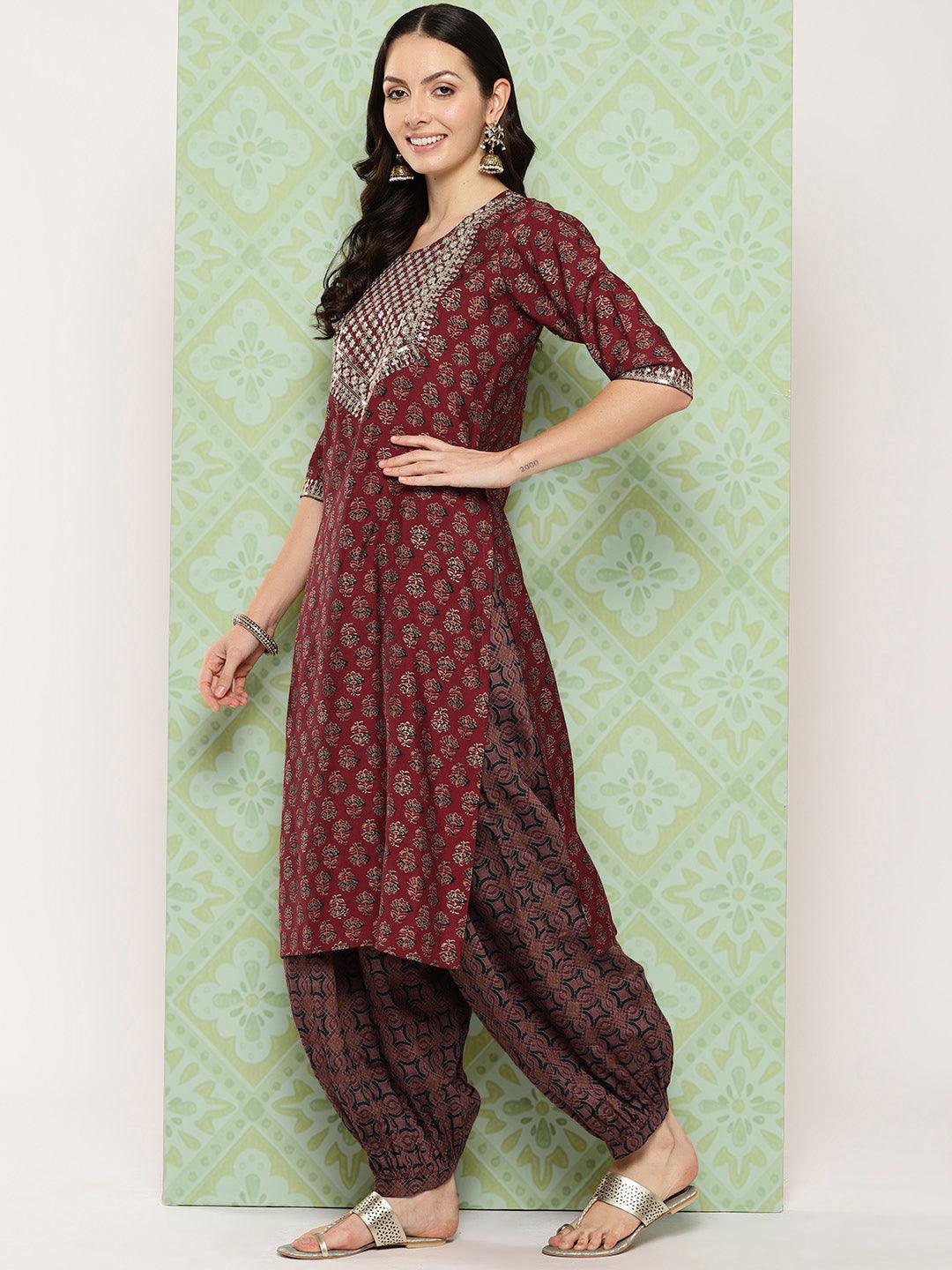 Maroon Printed Silk Blend Straight Kurta With Salwar & Dupatta - ShopLibas