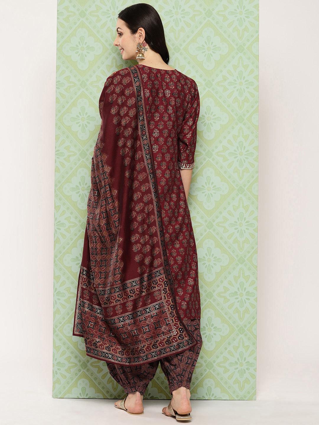 Maroon Printed Silk Blend Straight Kurta With Salwar & Dupatta - ShopLibas