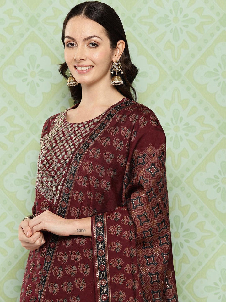 Maroon Printed Silk Blend Straight Kurta With Salwar & Dupatta - ShopLibas