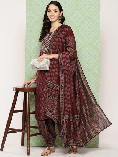 Maroon Printed Silk Blend Straight Kurta With Salwar & Dupatta - ShopLibas