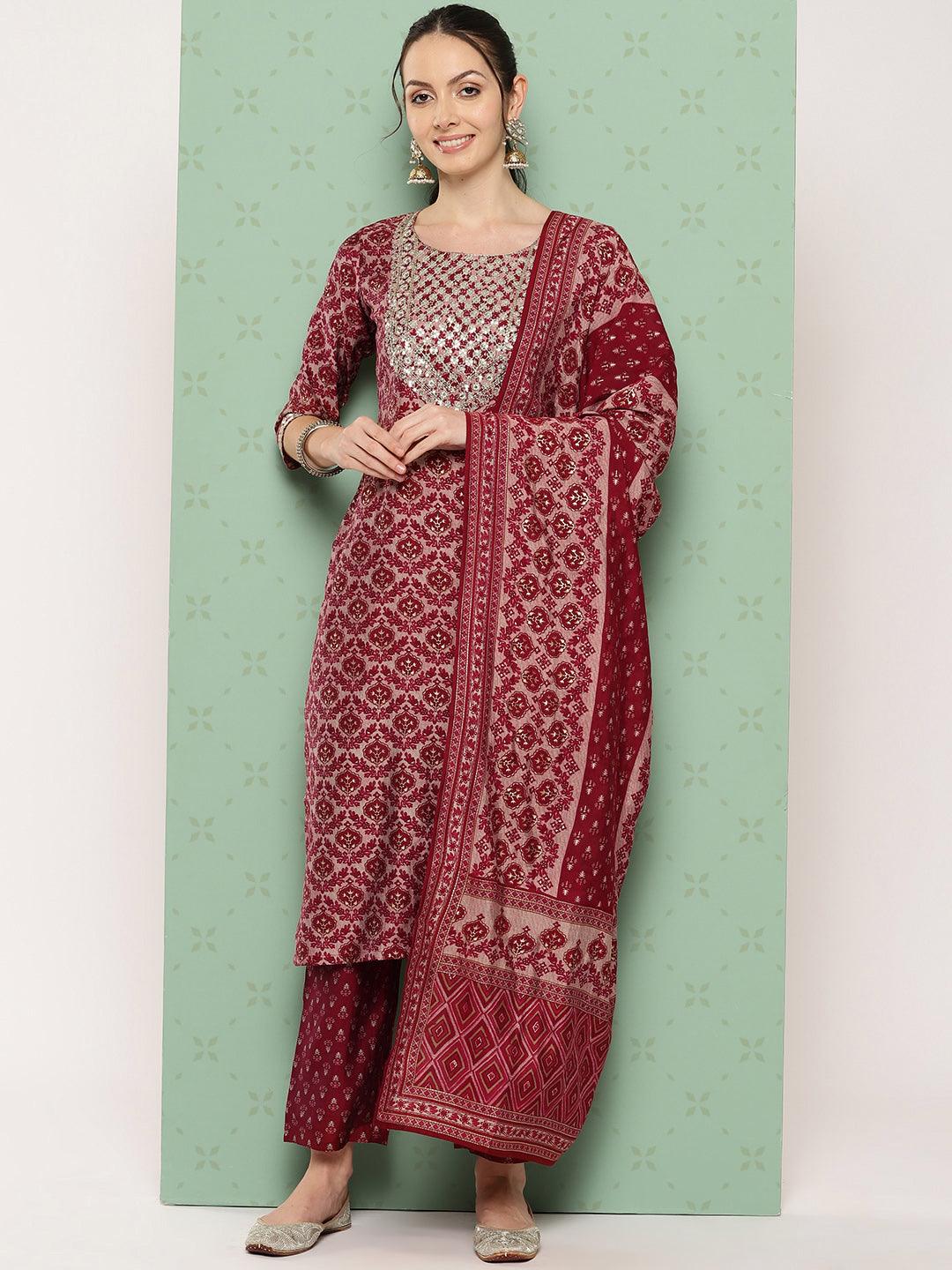 Red Printed Silk Blend Straight Kurta With Trousers & Dupatta - ShopLibas 