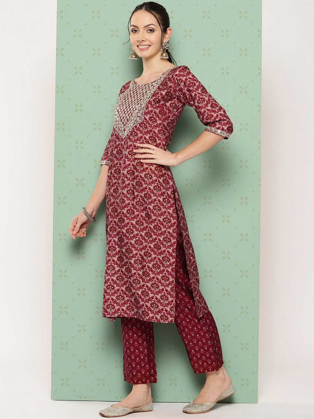 Red Printed Silk Blend Straight Kurta With Trousers & Dupatta - ShopLibas 