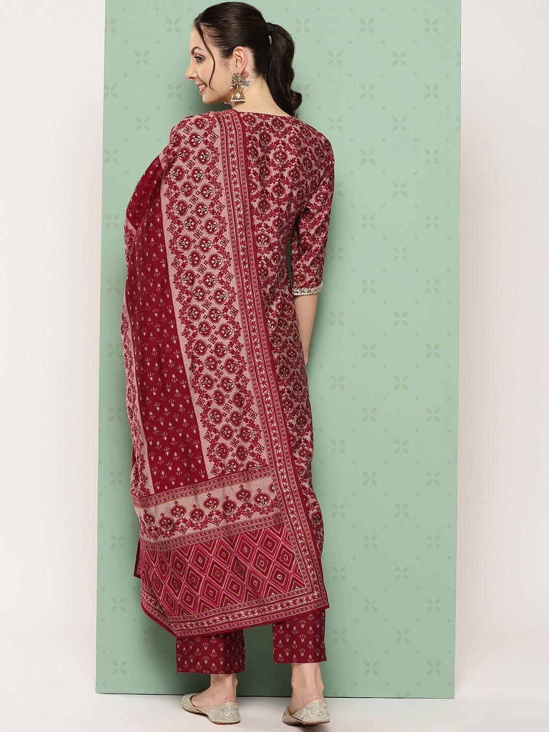 Red Printed Silk Blend Straight Kurta With Trousers & Dupatta - ShopLibas 