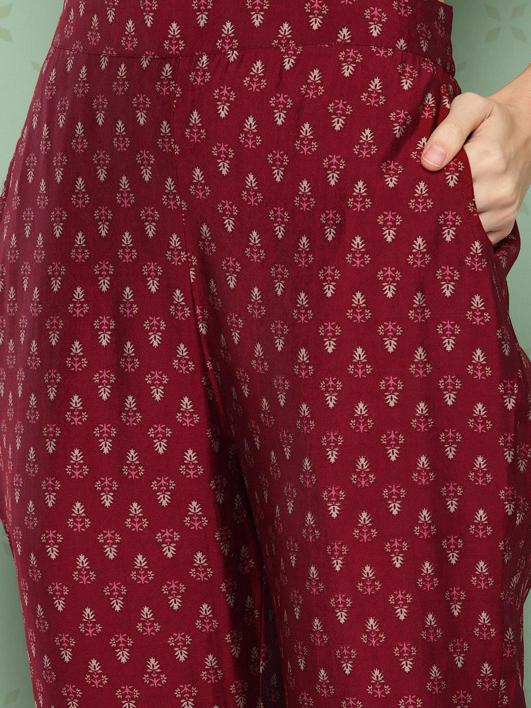 Red Printed Silk Blend Straight Kurta With Trousers & Dupatta - ShopLibas 