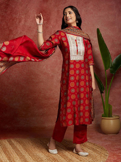 Red Printed Silk Blend Straight Kurta With Trousers & Dupatta - ShopLibas