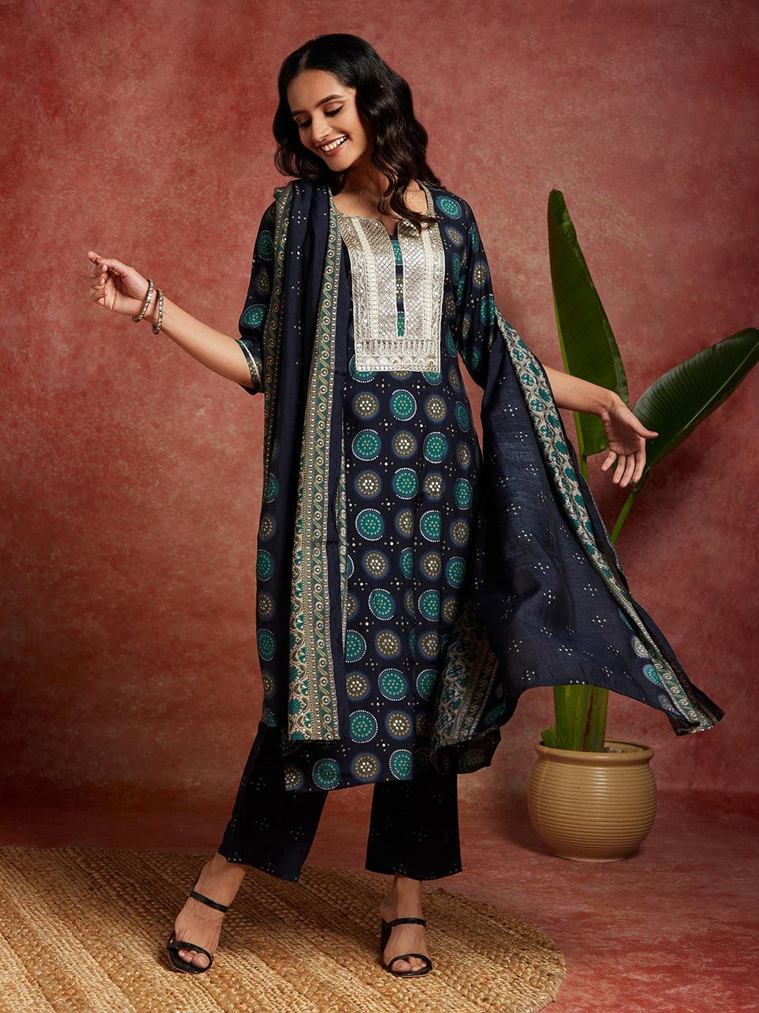 Blue Printed Silk Blend Straight Kurta With Trousers & Dupatta - ShopLibas