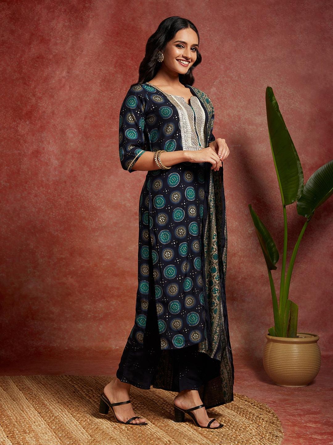 Blue Printed Silk Blend Straight Kurta With Trousers & Dupatta - ShopLibas