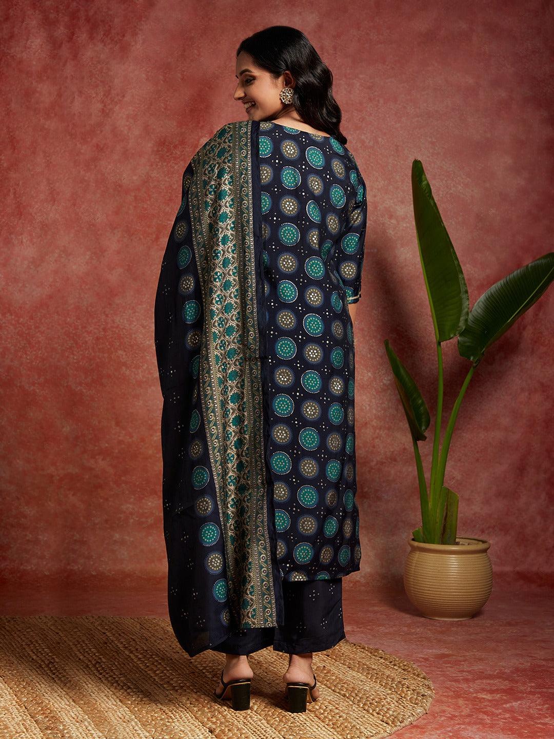 Blue Printed Silk Blend Straight Kurta With Trousers & Dupatta - ShopLibas