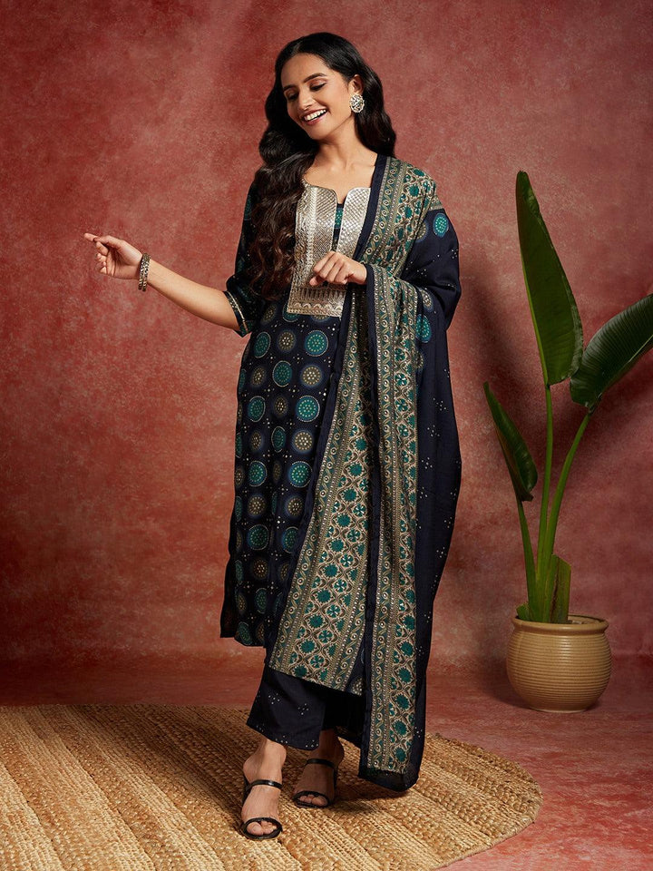 Blue Printed Silk Blend Straight Kurta With Trousers & Dupatta - ShopLibas