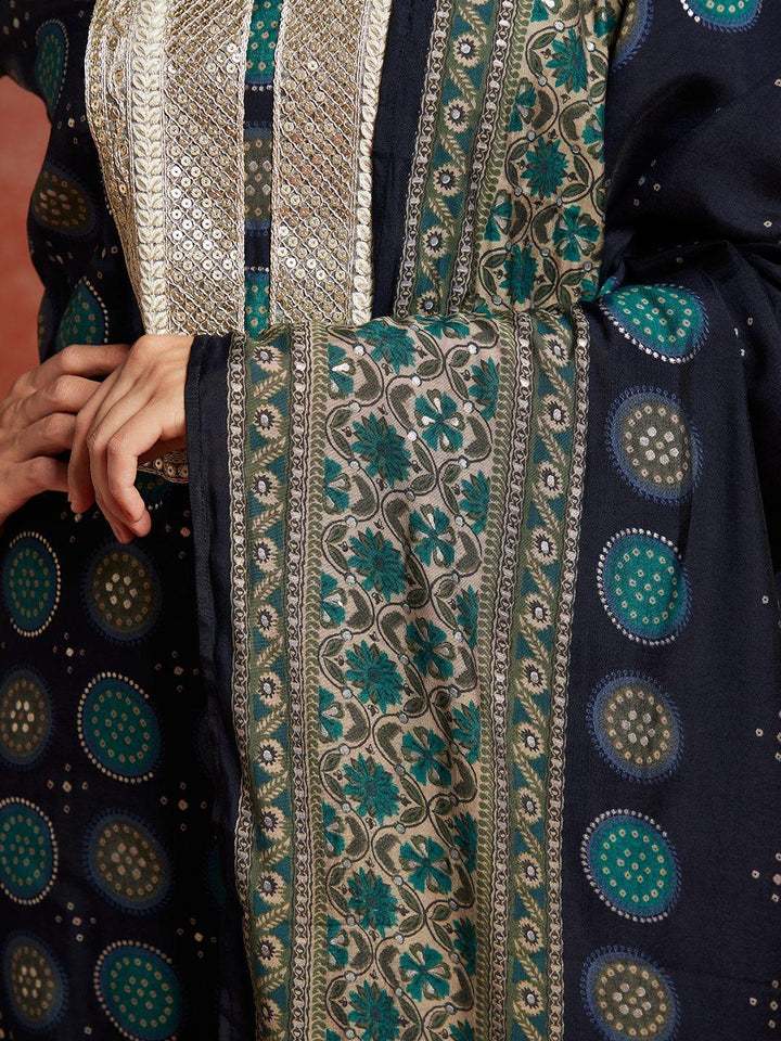 Blue Printed Silk Blend Straight Kurta With Trousers & Dupatta - ShopLibas