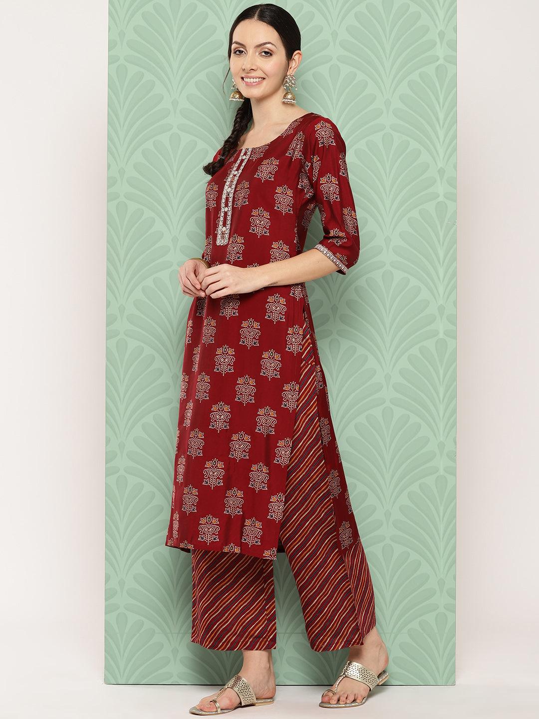 Red Printed Silk Blend Straight Kurta With Palazzos & Dupatta - ShopLibas 