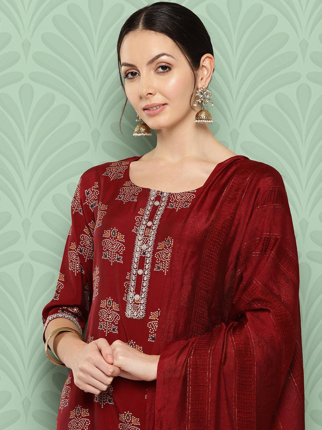 Red Printed Silk Blend Straight Kurta With Palazzos & Dupatta - ShopLibas 