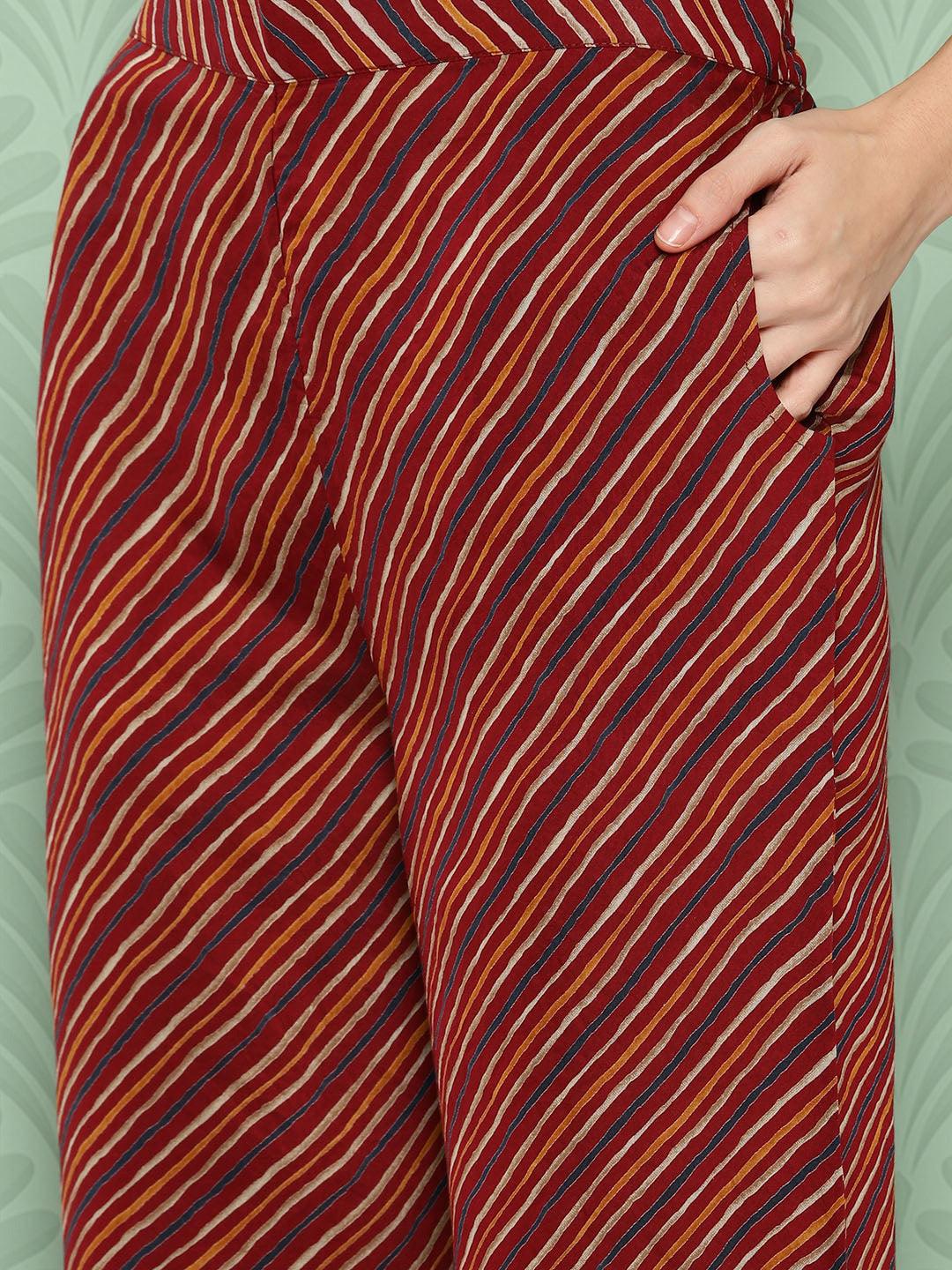 Red Printed Silk Blend Straight Kurta With Palazzos & Dupatta - ShopLibas 