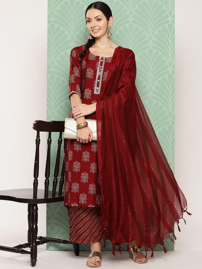 Red Printed Silk Blend Straight Kurta With Palazzos & Dupatta - ShopLibas