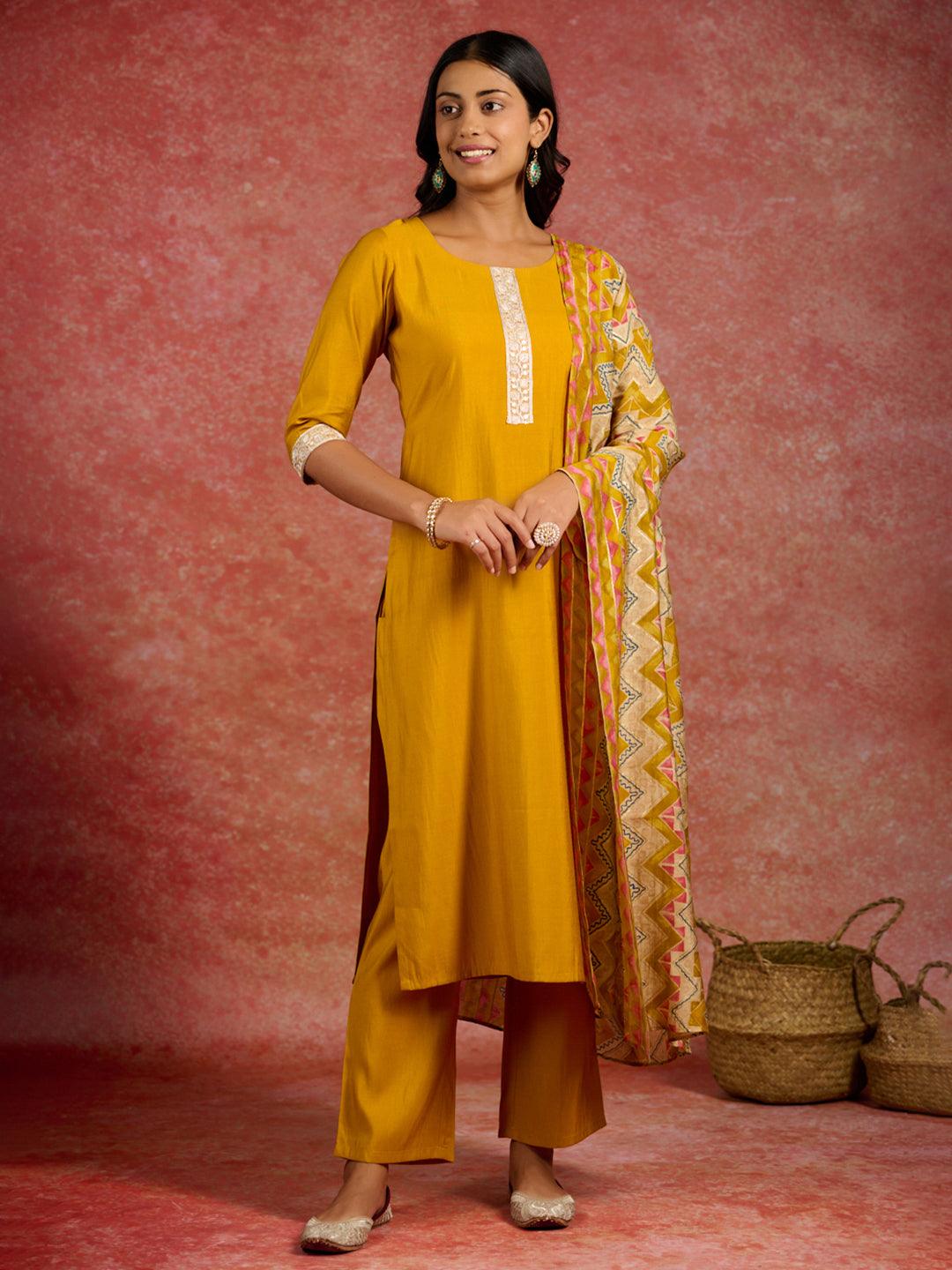 Mustard Yoke Design Silk Blend Straight Kurta With Trousers & Dupatta - ShopLibas
