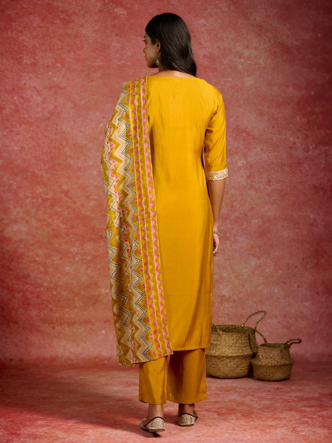 Mustard Yoke Design Silk Blend Straight Kurta With Trousers & Dupatta - ShopLibas