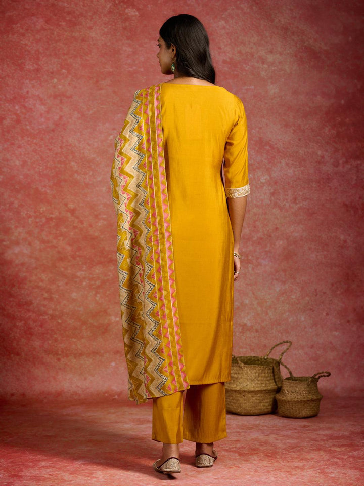 Mustard Yoke Design Silk Blend Straight Kurta With Trousers & Dupatta - ShopLibas