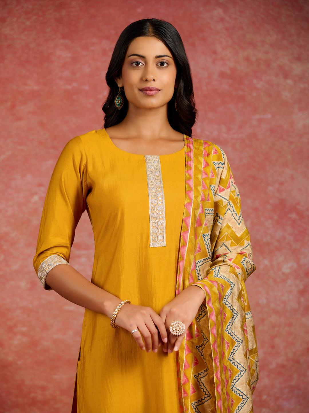 Mustard Yoke Design Silk Blend Straight Kurta With Trousers & Dupatta - ShopLibas